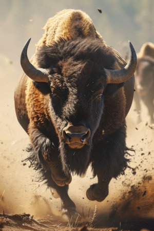 several bison running on the desert, mist.の素材