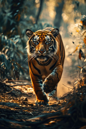 Close up Siberian Tiger walking on road through dark forest.の素材