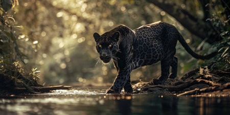 a black spotted panther is walking along the river, mysterious jungle.の素材