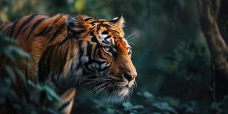 A Malaysian tiger in a rainforest under the sun, soft focus background.の素材