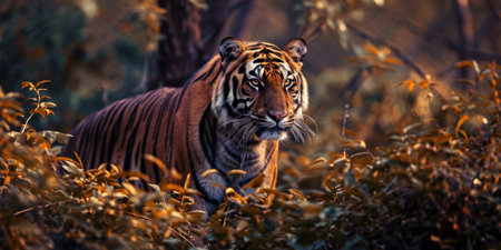 Wildlife India. Indian tiger, wild animal in the nature habitat, Ranthambore NP, India. Big cat, endangered animal.の素材