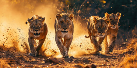 a group of lions running on the ground in the dust.の素材