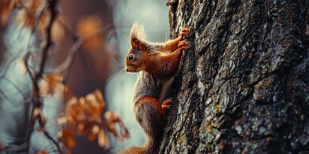Red squirrel climbing up a tree.の素材