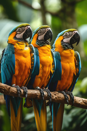 Three, Blue and Yellow Macaw, Ara ararauna, perched on tree stumps.の素材
