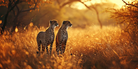 two cheetahs walking in the field at sunset, in the style of romantic landscapes.の素材