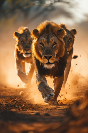 a group of lions running on the ground in the dust.の素材
