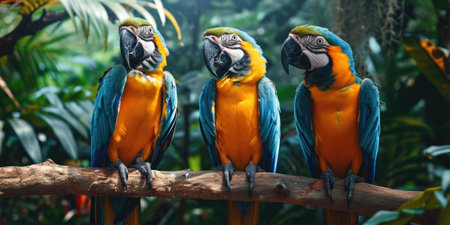 Three, Blue and Yellow Macaw, Ara ararauna, perched on tree stumps.の素材