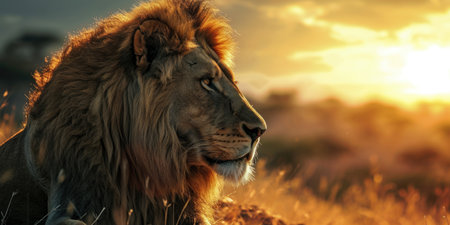 a lion with sunset sun coming down on him.の素材