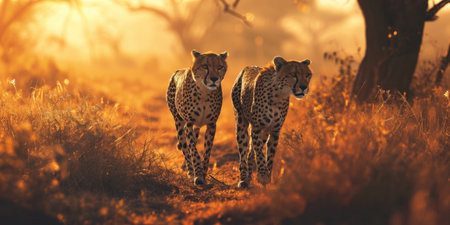 a pair of cheetahs can be seen at sun down, in the style of color gradients, lens flare, traditional landscapes.の素材
