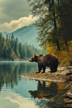 A green forest with grizzly bears in Finland during daylight.の素材