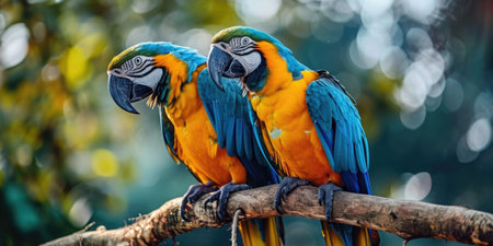 two red and green macaws sitting on a branch.の素材
