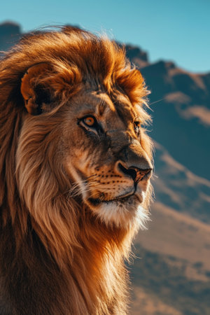 Portrait of a strong male lion with the African savanna.の素材