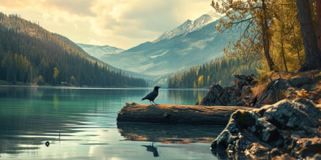 a birds sitting on top of log at a lake with mountains, in the, naturalistic light, majestic.の素材