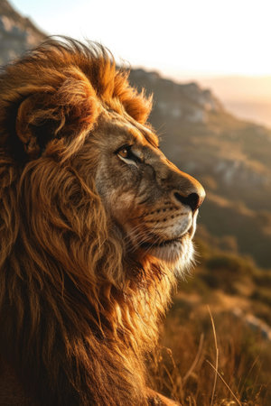 Portrait of a strong male lion with the African savanna.の素材