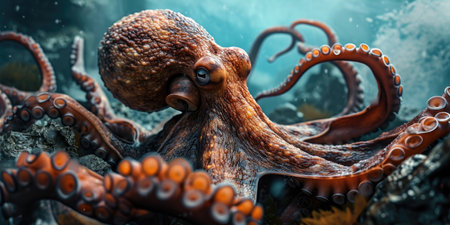 The magnificent octopus perfectly accepts the color of the purple coral reef demonstrating the skill of camouflageの素材