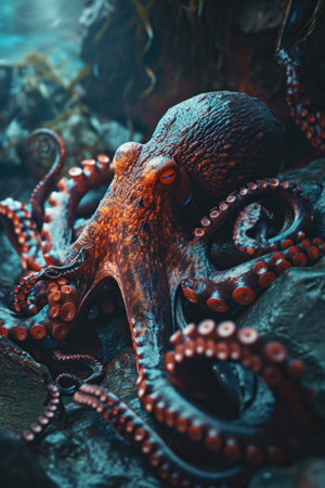 The magnificent octopus perfectly accepts the color of the purple coral reef demonstrating the skill of camouflageの素材