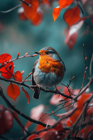 Wildlife scene with a cute blue tit. Cyanistes caeruleus. A titmouse feeds on rowan berries.の素材