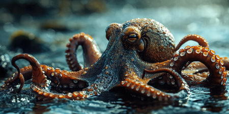The magnificent octopus perfectly accepts the color of the purple coral reef demonstrating the skill of camouflageの素材