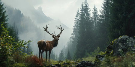 a deer with antlers is in a forest near mountains.の素材