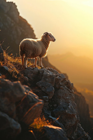 a sheep stands on a mountain top in the background against the sunset.の素材