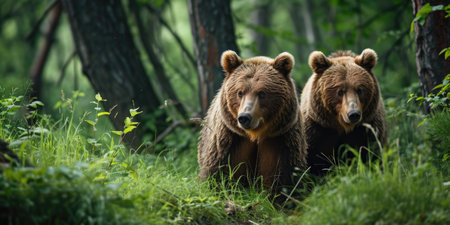 brown bear couple standing around in the forest.の素材