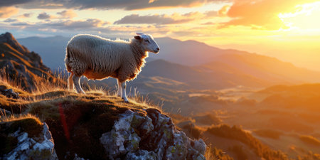 a sheep stands on a mountain top in the background against the sunset.の素材
