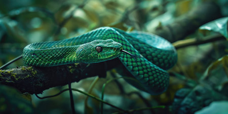 a green snake perched on a branch in the forest, cobra.の素材