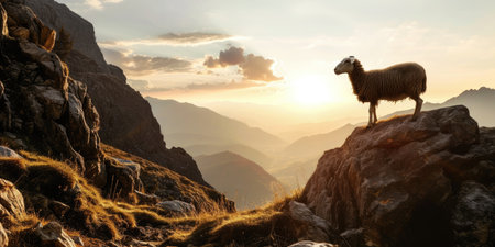 a sheep stands on a mountain top in the background against the sunset.の素材