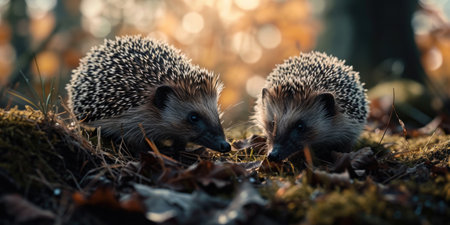 a two spotted hedgehogs with grass in the ground. High quality photoの素材