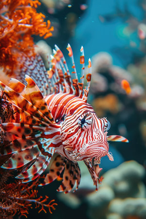 lionfish are blue and red with striped fins and coral.の素材