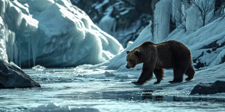 an avalanchedeteched brown bear walking on an icy river, in the style of serenity and calm.の素材