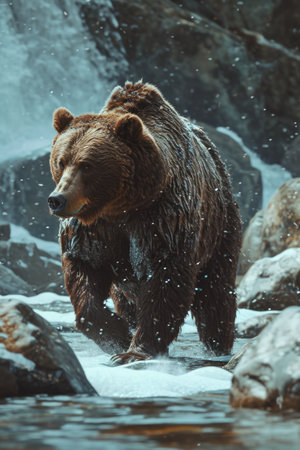 an avalanchedeteched brown bear walking on an icy river, in the style of serenity and calm.の素材