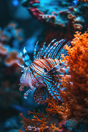 lionfish are blue and red with striped fins and coral.の素材