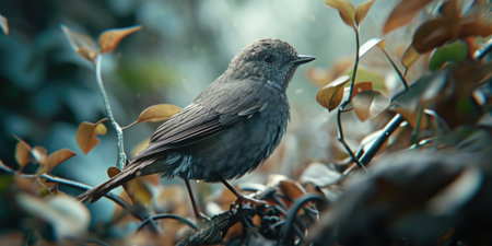 small bird standing on a branch with leaves, in the style of photorealistic accuracy, cabincore.の素材