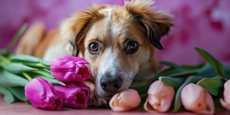 beautiful dog with tulips in his face, happy, in the style of overexposure effect. valentine's dayの素材
