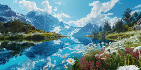 beautiful mountain landscape with lake and flowers and clouds under the blue sky. High quality photoの素材