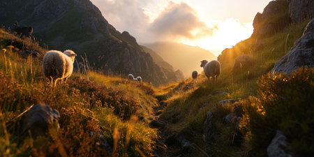 sheep on a hill stand before a sunset, mountainous vistas.の素材