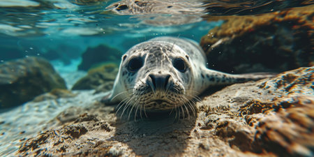 underwater seal on the beach swimming underwater.の素材