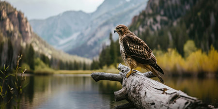 a hawk perched on a log near a lake, in the style of mountainous vistas.の素材