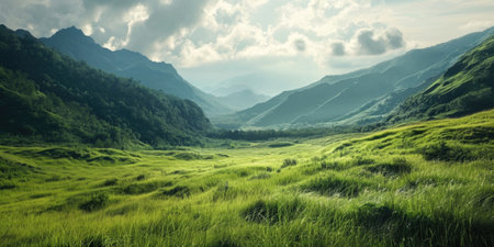 Panoramic landscape with beautiful green hills. Abstract landscape.の素材