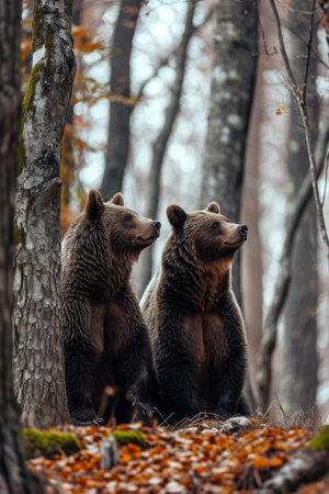 a pair of bears standing in the woods with grass and trees.の素材