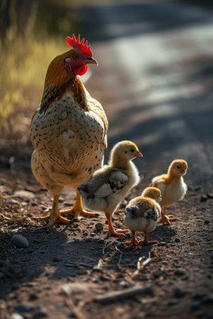 chick chicks and mother holding chicken on road farm natural scene.の素材