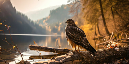 hawk standing on the log by lake, in the style of spectacular backdrops, mountainous vistas.の素材