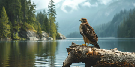 a hawk perched on a log near a lake, in the style of mountainous vistas.の素材