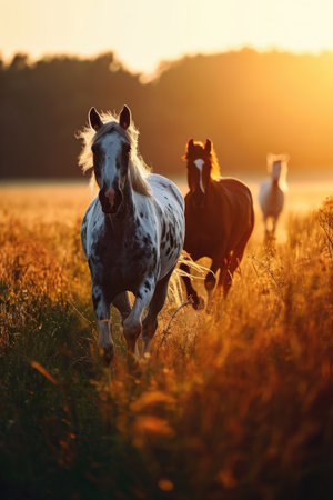Beautiful horses on freedom in the field of dandelions.の素材