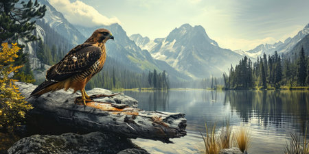 a hawk perched on a log near a lake, in the style of mountainous vistas.の素材