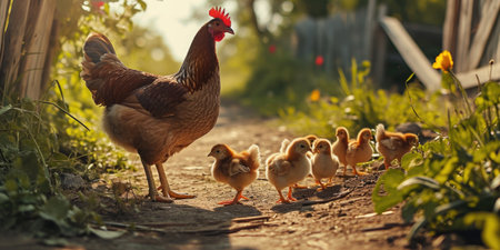 chick chicks and mother holding chicken on road farm natural scene.の素材