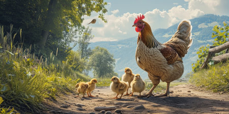 chick chicks and mother holding chicken on road farm natural scene.の素材