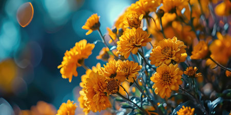 yellow flowers on a bed close-up. harmony of color green yellow in nature.の素材