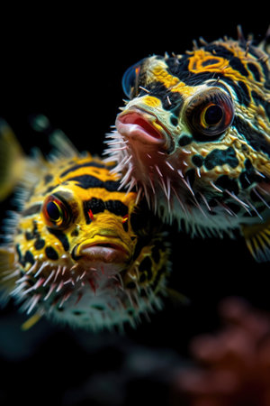 two types of puffer fish with colorful stripes.の素材